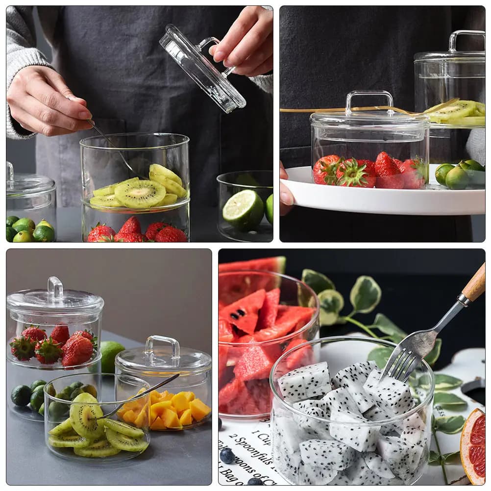 Glass Bowl for Salad with Coperchio, Non-Porous, Easy to Clean, Container for Snacks, Desserts, Fruit, Suitable for Oven and Microwave
