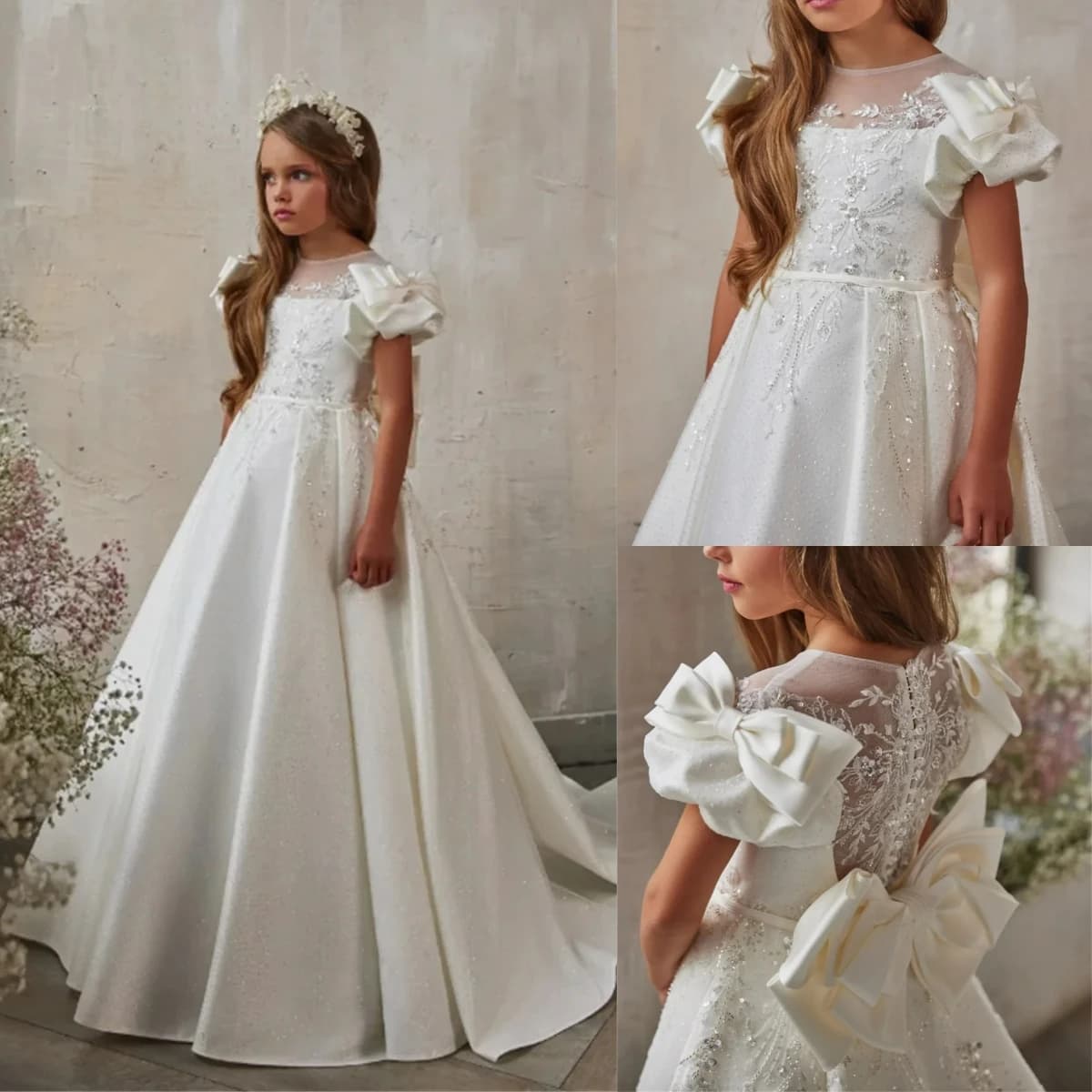 Abito da ragazza di fiore elegante rosa chiaro in raso soffice con squisito applique in pizzo per abiti da festa da sera di compleanno con ballo di nozze