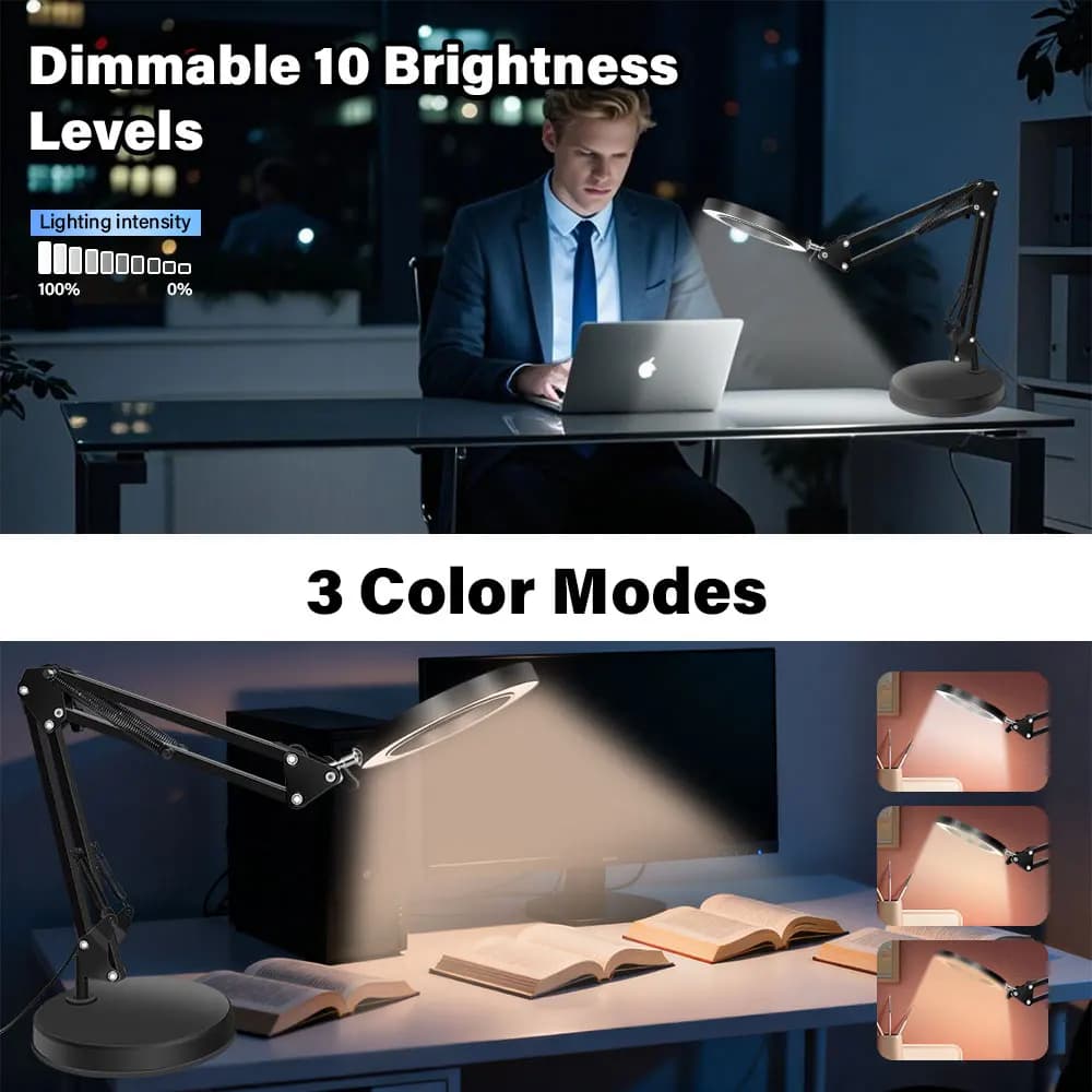 Lente d'Ingrandimento 10X con Luce e Supporto, Braccio Orientabile Regolabile 2in1 Lampada da Tavolo e Morsetto per Lavori Artigianali, Lettura e Riparazioni