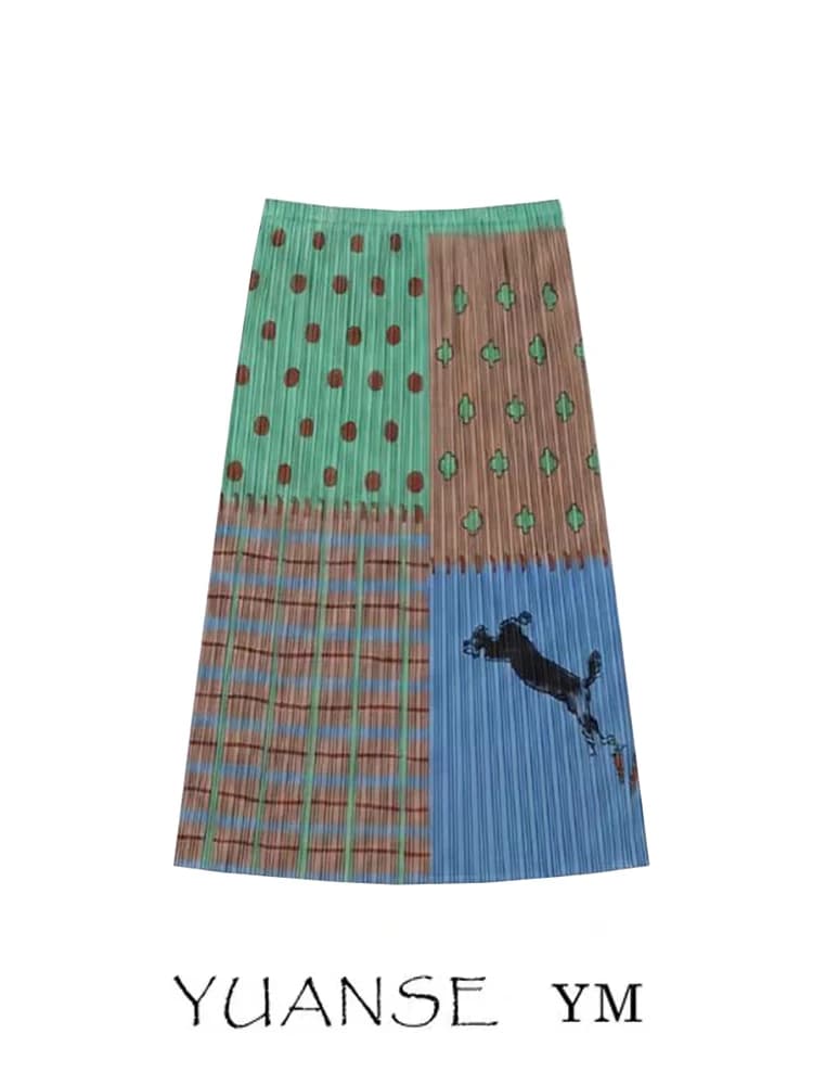 Dopamine Personality Print Pleated Skirt Women Summer Spicy Slimming Casual Beautiful Straight Tube Skirt