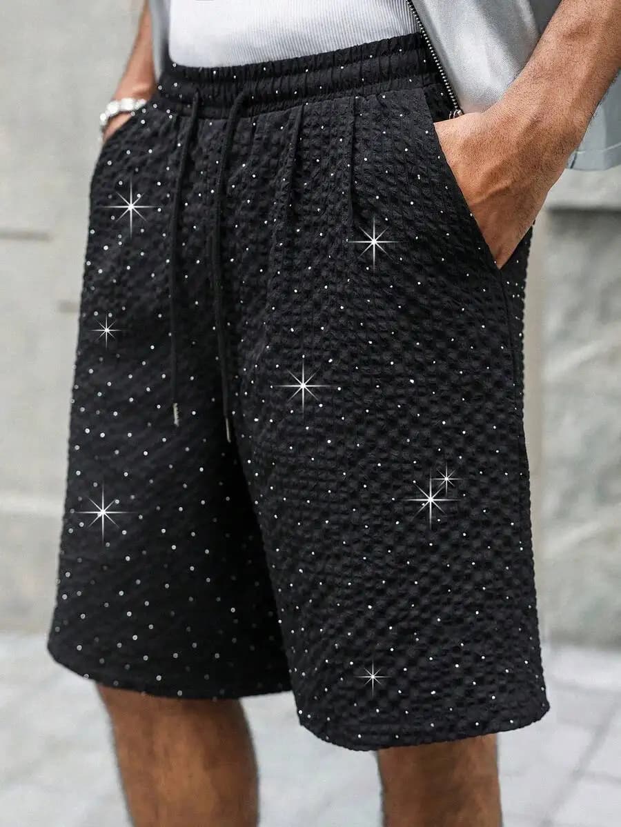 Pantaloncini larghi neri da uomo, stile streetwear Y2K, abbigliamento casual estivo con coulisse in vita