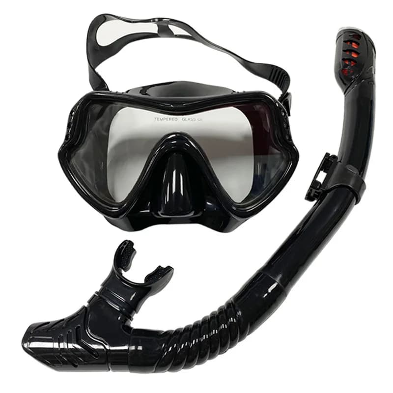 Protective Diving Mask Snorkel Set Tempered Glass Lens Silicone Skirt Adjustable Strap Drain Valve for Snorkeling Men Women