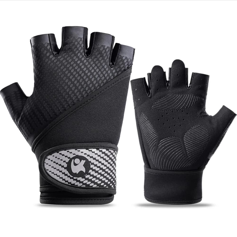 Guanti da allenamento traspiranti senza dita con protezione completa del palmo per esercizi di ciclismo di sollevamento pesi, nero e grigio nero e arancione, ML