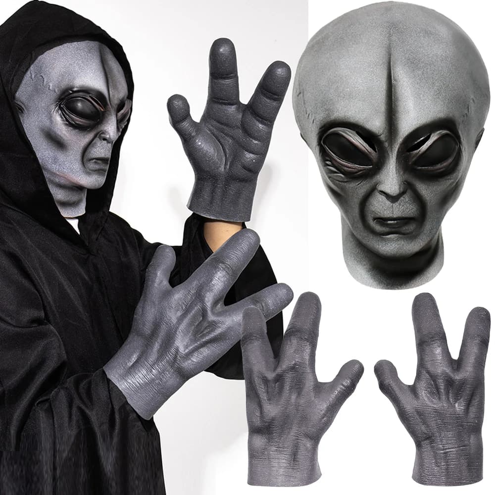 51 Area Maschera alieno Guanti Cosplay UFO Mostro Teschio Casco in lattice Mani Halloween Dress Up Costume da festa Puntelli