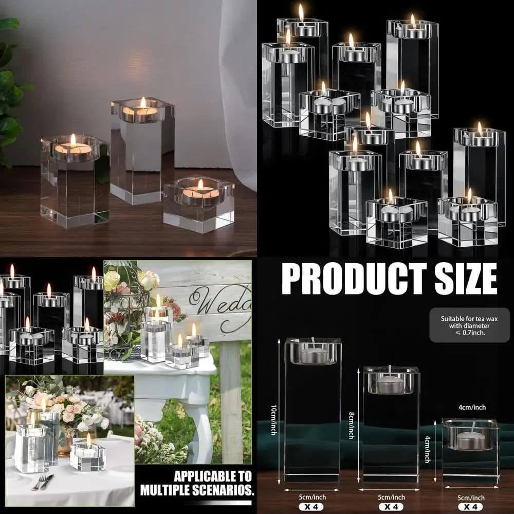 Set of 12 Crystal Candle Holders - Square Votive Candles Holders for Wedding Centre, Dinner and Stay