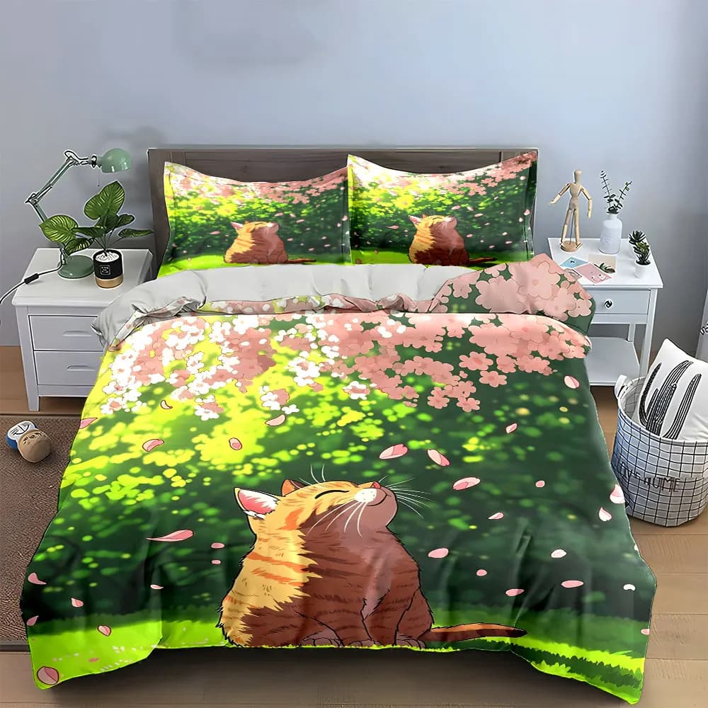 Set di biancheria da letto "Cat Blossom Nature Decor Set" con 1 copripiumino e 2 federe, singolo, matrimoniale, king size, queen size, regalo