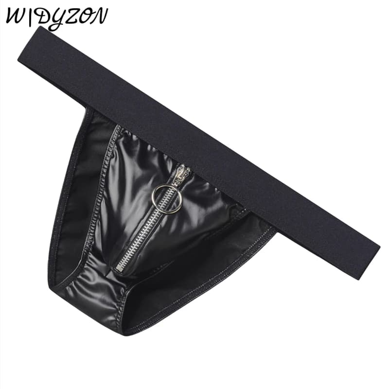Slip in ecopelle con cerniera Intimo uomo Cintura larga maschile Mutandine Sexy U Pouch Bikini Slips Hombre Lingerie esotica da uomo Cuecas