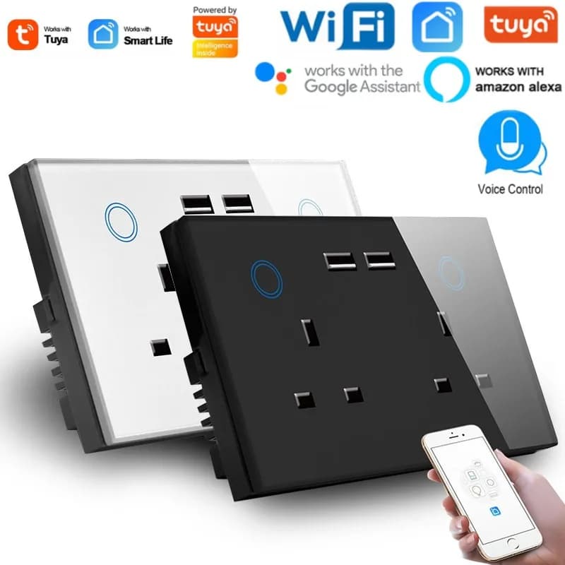 WiFi wall socket and USB charger Universal plug and standard socket UK Tuya Smart Home Crystal panel Works with Alexa