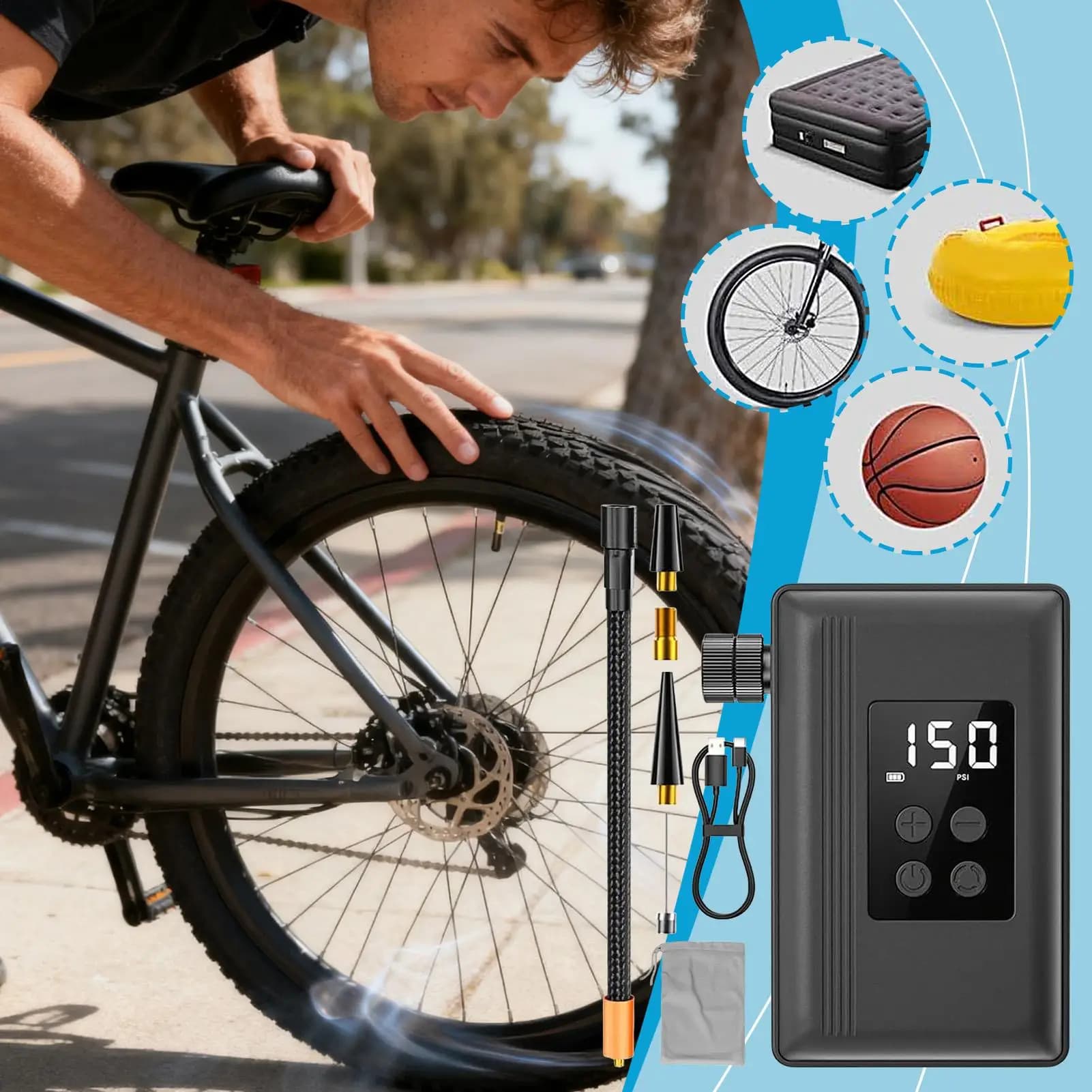 Pompa portatile Spegnimento automatico ricaricabile con manometro Pompa per bici portatile Gonfiatore elettrico per pneumatici per ciclismo su strada