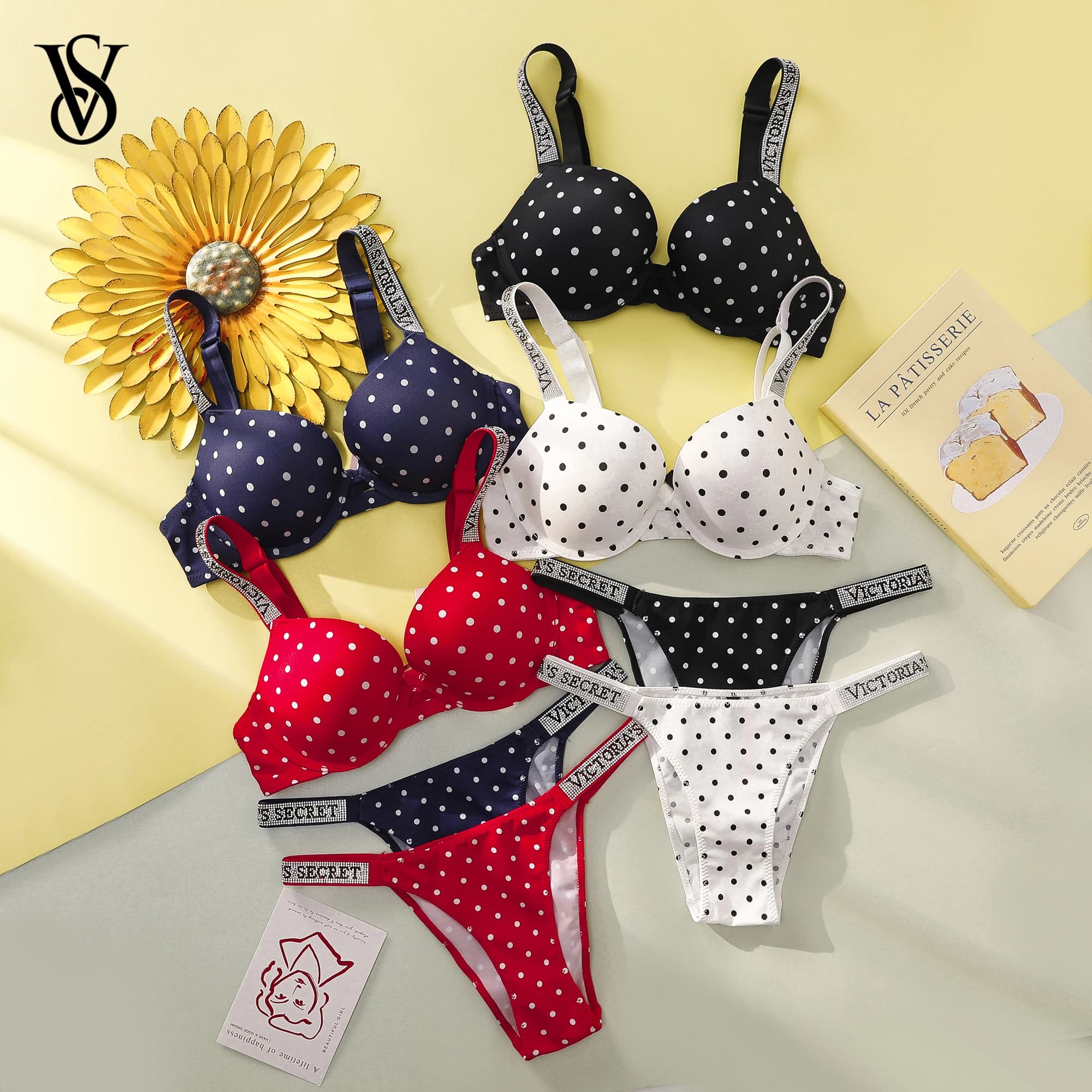 VS New Arrival Women Polka Dot Lace Push Up Bra And Panty Set Sexy Lingerie Sleepwear Pajamas Plus Size Soft Comfortable Luxury