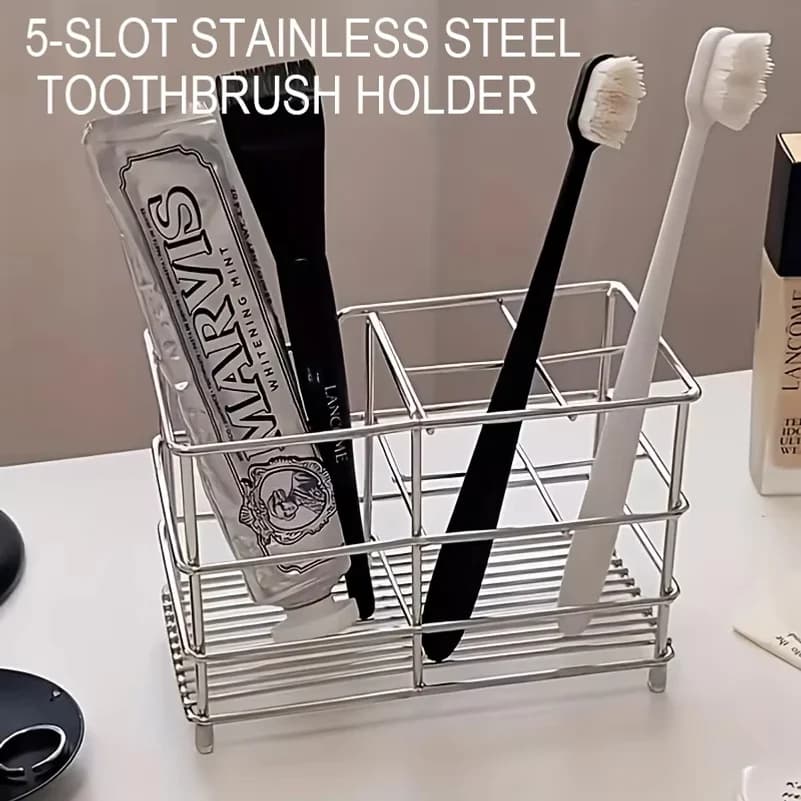 5-Slot Steel Toothbrush Holder - Space-Saving Freestanding Design, No Installation Required, Ideal for Bathrooms