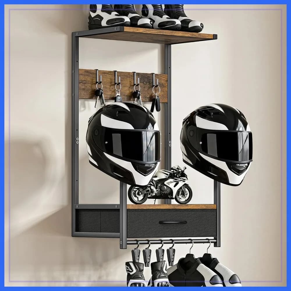 Supporto da Parete per Casco Moto con Cassetto in Tessuto, 4 Ganci per Guanti e 4 Ganci per Tute da Moto, Espositore per Caschi da Bici