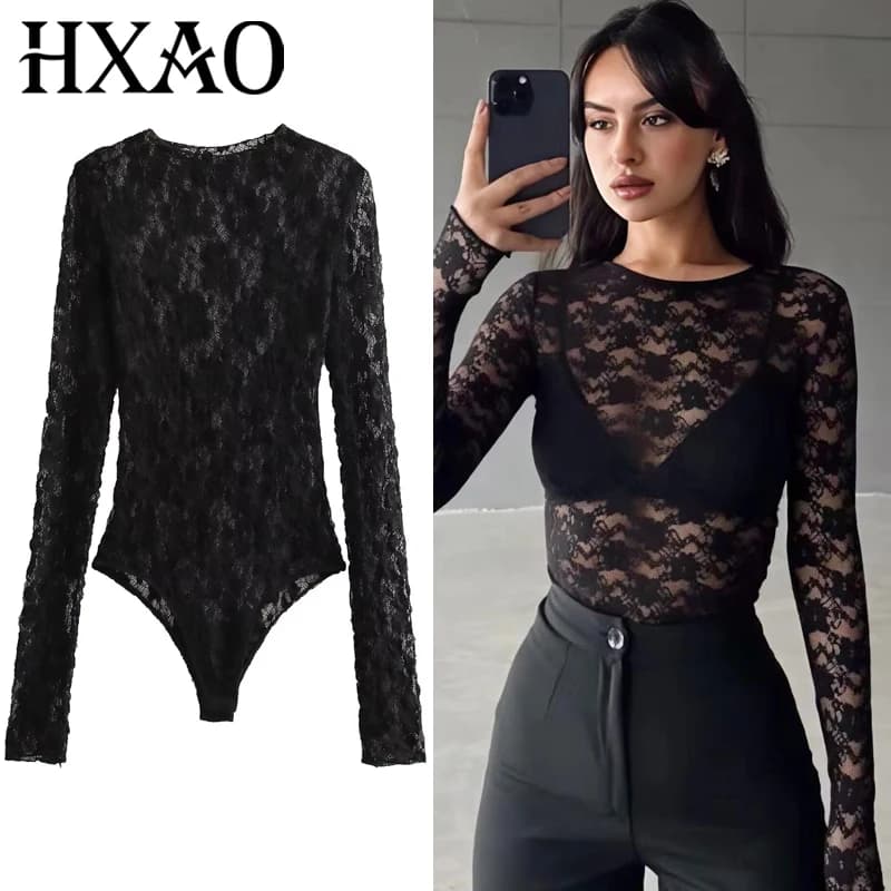 HXAO Women's Body Lace Autunno Black Necklined O-Colle Long sleeves High suits in spandex Sexy lingerie for beautiful women