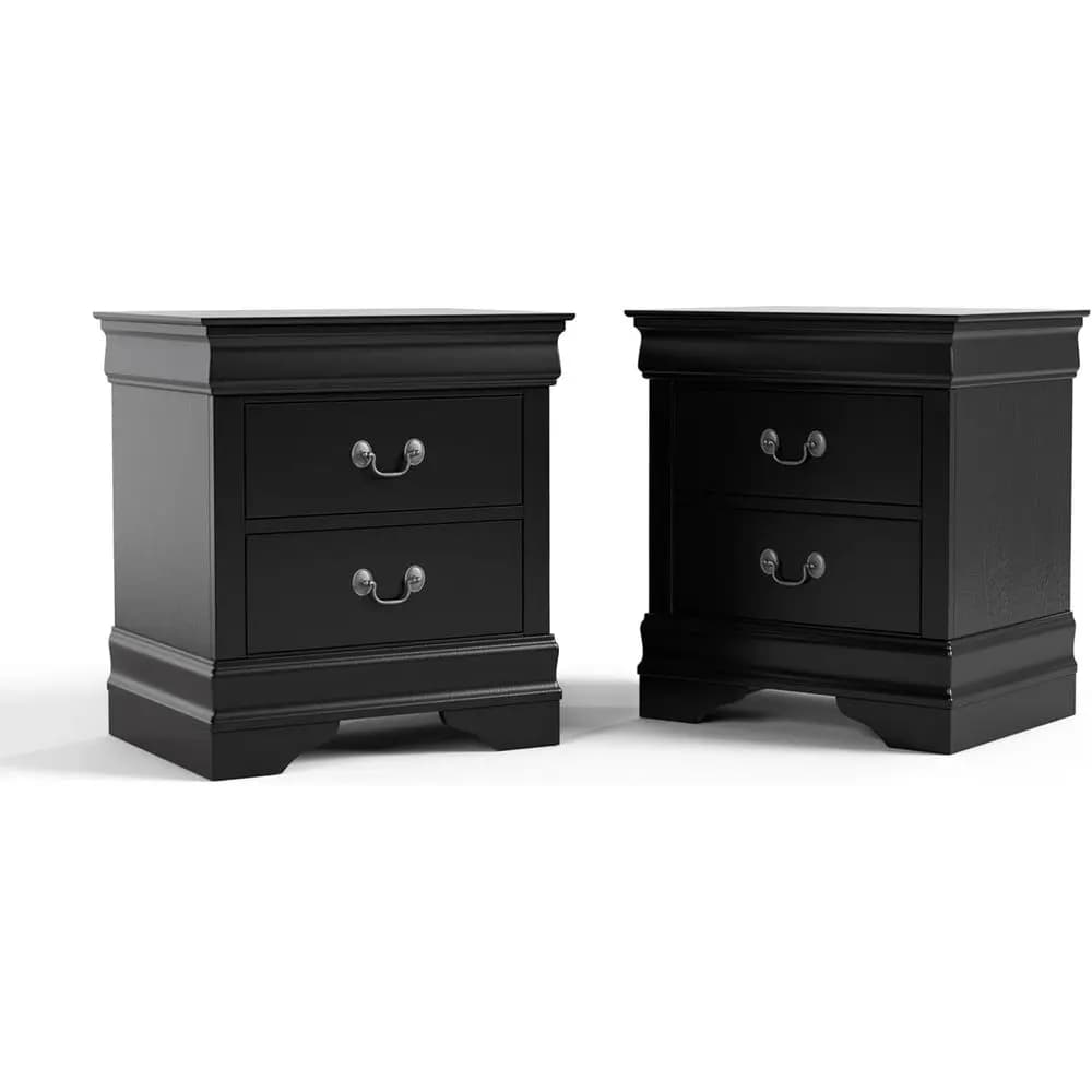 Set di 2 comodini in legno massello con cassetti e maniglie in nichel anticato, nessun assemblaggio richiesto, ideali per camera da letto o dormitorio, neri