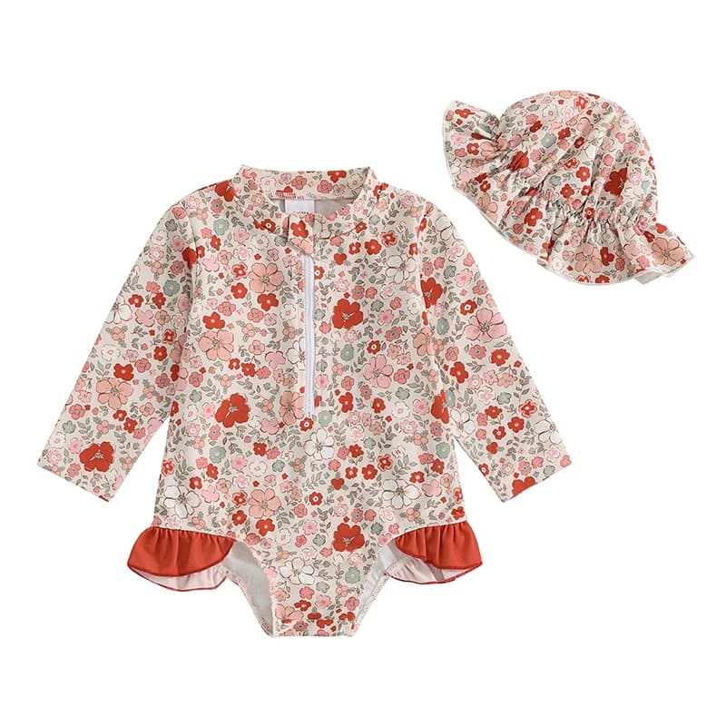 Rash Guard swimsuit for girl, clown, long sleeve, floral print, swimsuit with volant, swimsuit with bath head