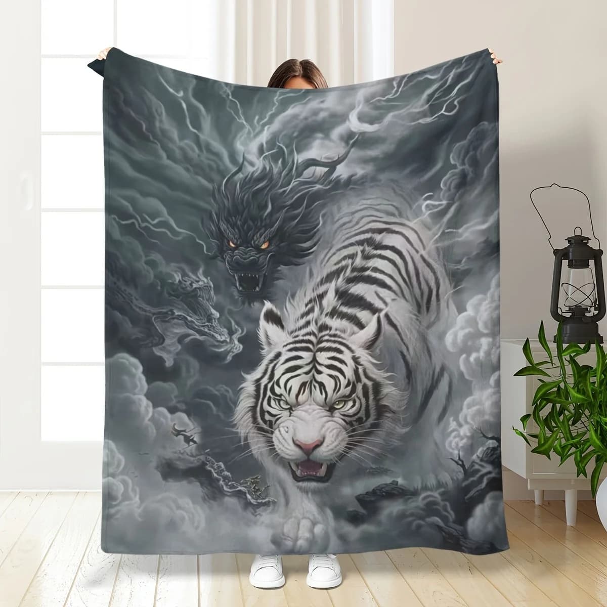 Green Dragon & White Tiger Anime Flannel Blanket – Soft All-Season Throw – Foldable, Machine Washable for Home, Office, Travel