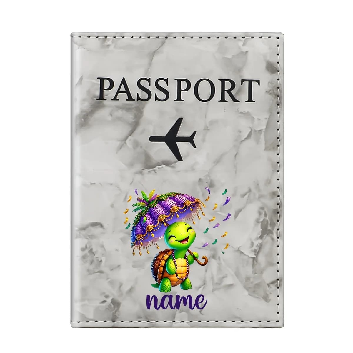a Personalized Name Custom Playful Turtle Umbrella Illustration Design PU Passport Holder, Featuring a Green Turtle