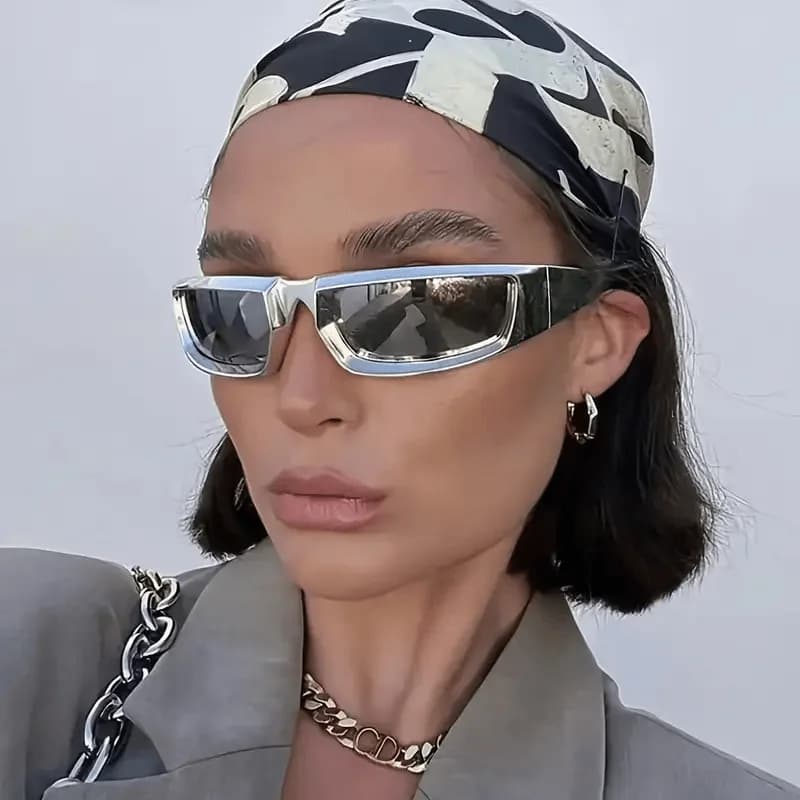 Polygon Wrap Y2K Futuristic Tech-Inspired Silvery Mirror Reflective Fashion Glasses