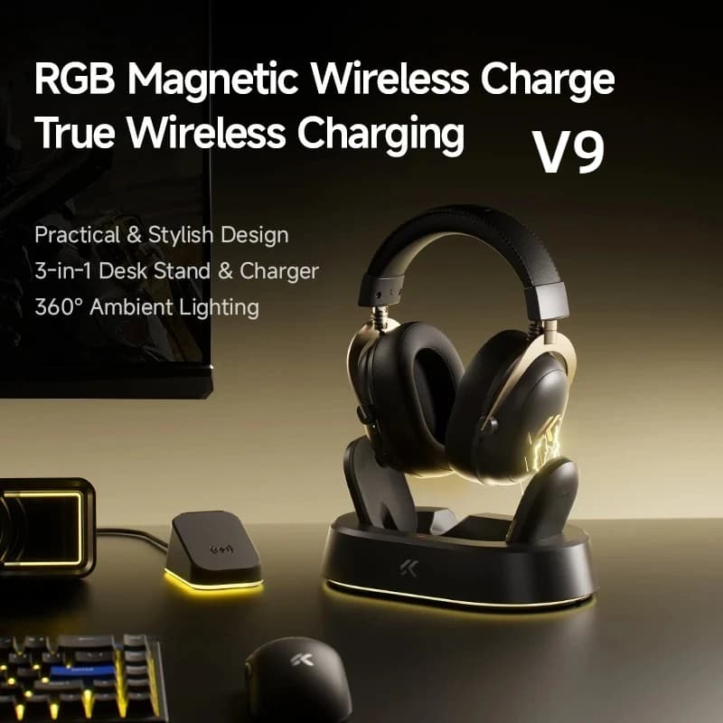 Cuffie da Gaming Wireless MCHOSE V9 Turbo+ con Suono Surround 7.1 da 60mm, Cuffie Professionali per Esports con Base di Ricarica RGB