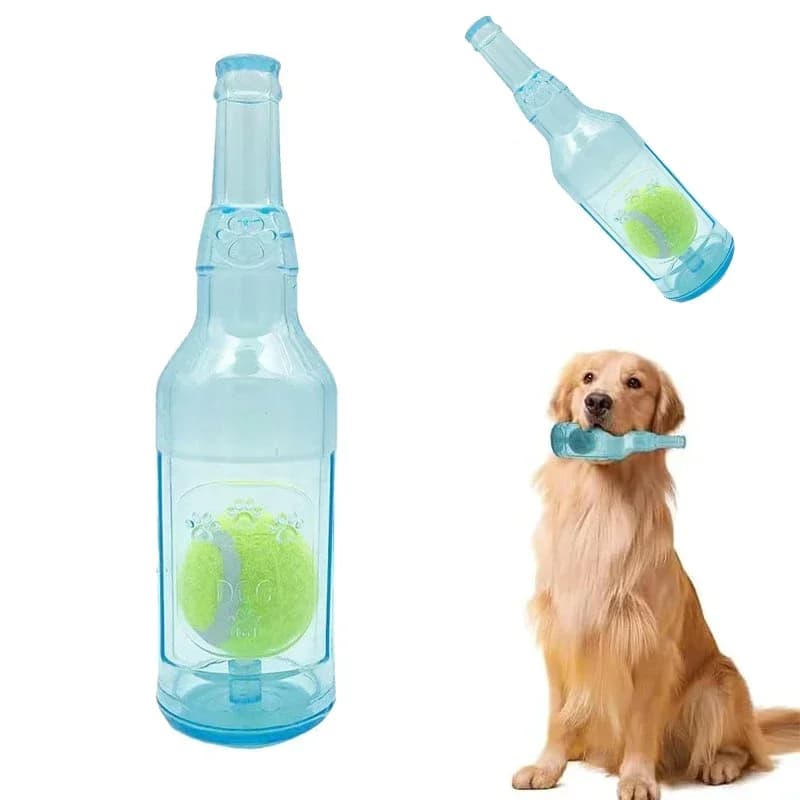 Giocattolo da masticare per animali domestici TPR Bottiglia di birra resistente ai morsi con palla da tennis Giocattolo per digrignare i denti dei cuccioli Giocattoli interattivi striduli da masticare per cani