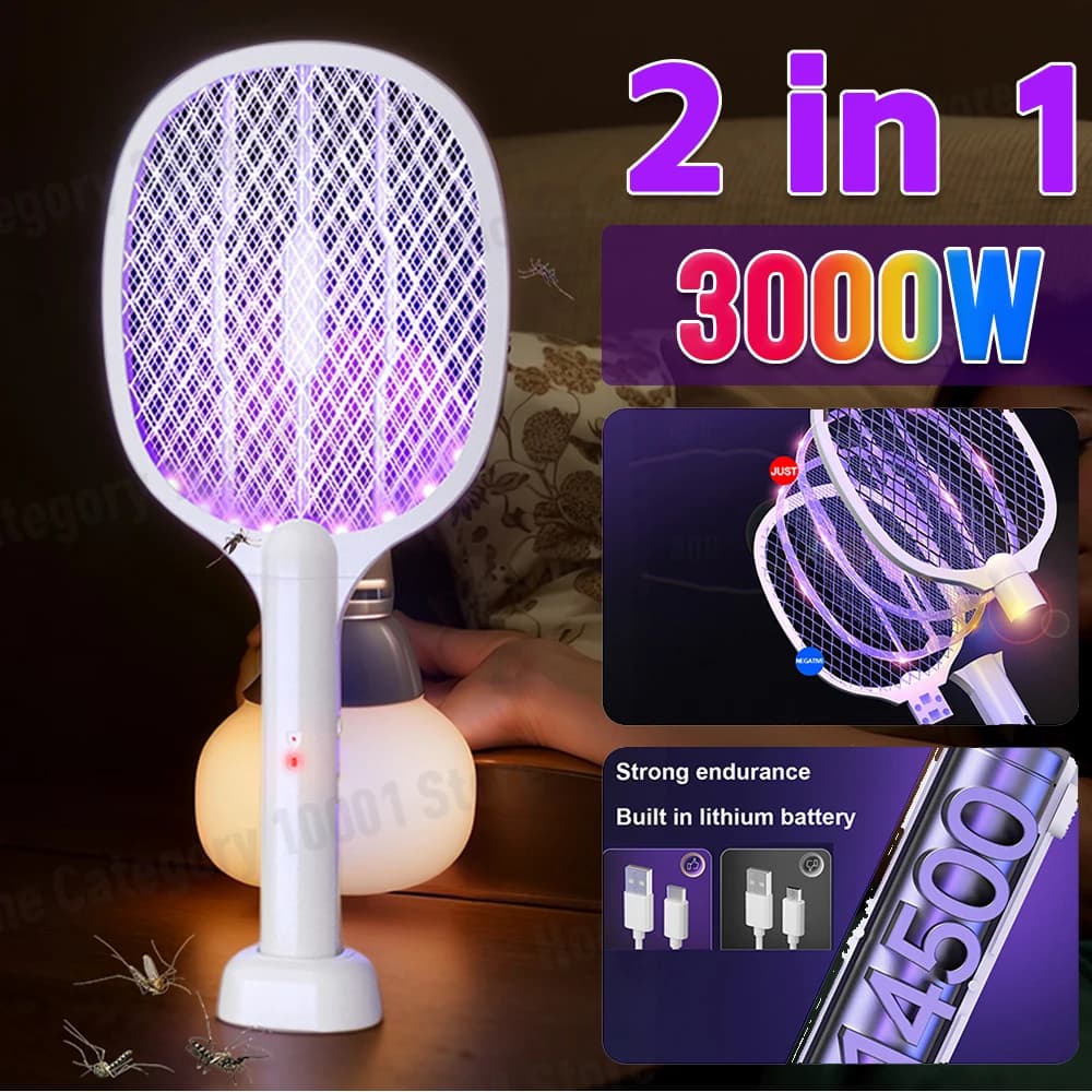 Racchetta Elettrica Anti-Zanzare 3000V, Lampada Repellente 2-in-1 Pieghevole, Scacciamosche e Lampada Repellente