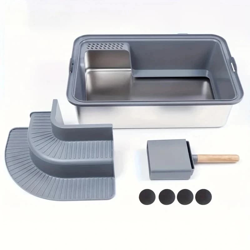 Scatola per lettiera per gatti inodore extra large da 20 litri in acciaio inossidabile con poggiapiedi per scale, resistente agli spruzzi, facile da pulire