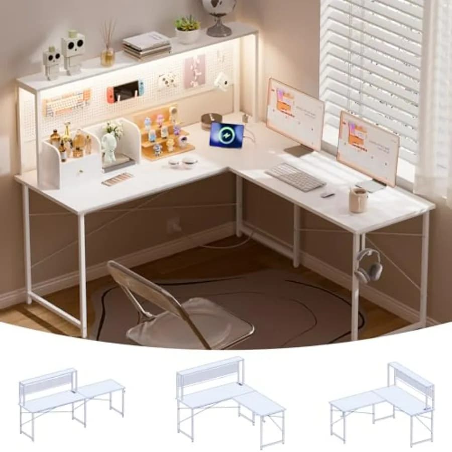 Scrivania da Gaming a L da 60 Pollici con Luci LED e Prese di Corrente, Scrivania Angolare Reversibile con Pannello Forato e Ripiani Portaoggetti