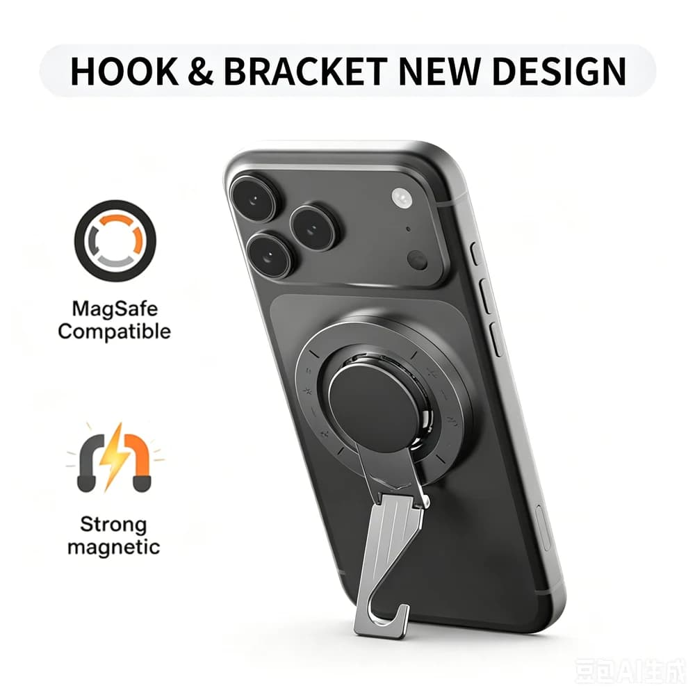Metal Magnetic Desktop Ring Stand Single Fold Hook Compatible with MagSafe Adjustable Angle For iPhone Samsung Android