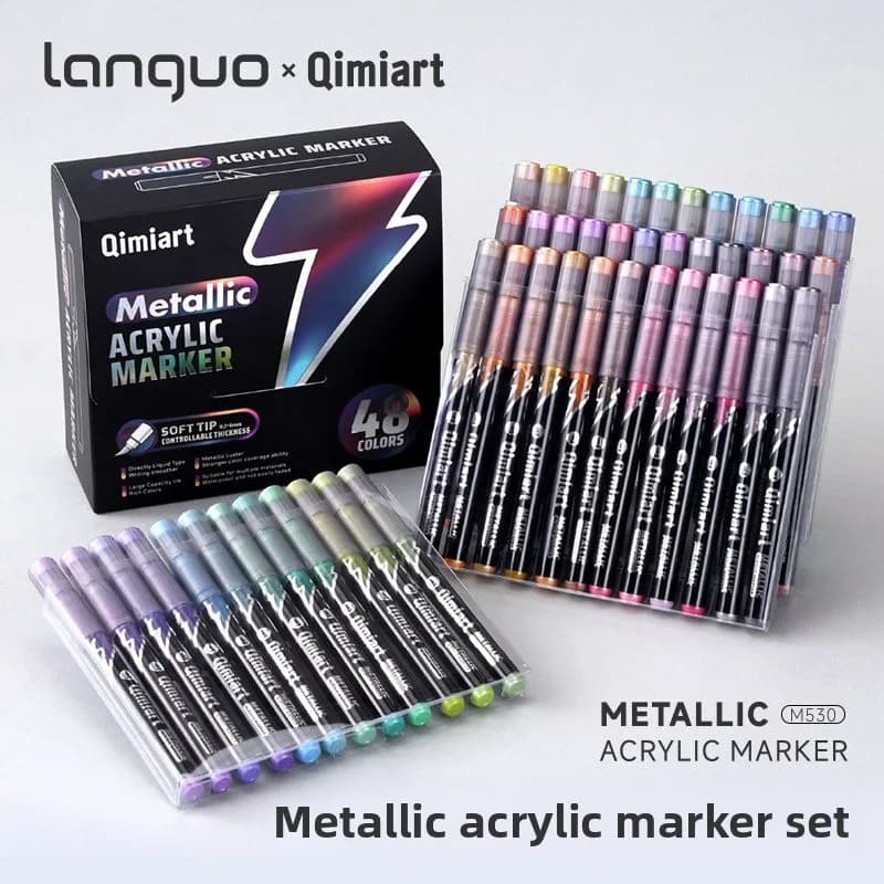 LANGUO 48 Pennarelli Metallici a Doppia/Singola Punta, Inchiostro Liquido Diretto, Senza Sbavature, Penne Gel Overlay, Punta Morbida, Forniture Artistiche e Scolastiche, Cancelleria