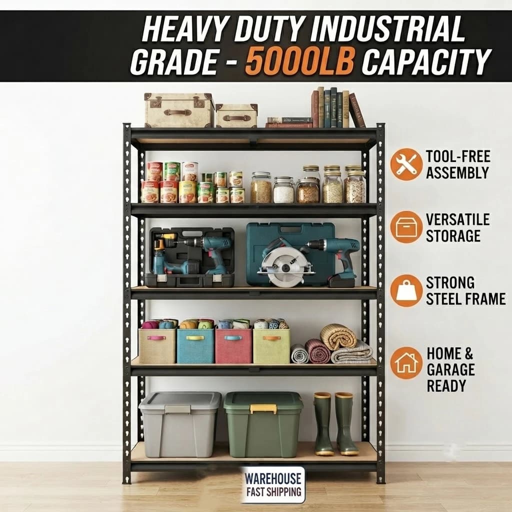 27.6'W X 60'H 5-Tier Garage Shelving Unit, 2200 LBS Heavy Duty Storage Shelves, Metal Rack with MDF Board, Screw Assembly Adjustable Utility Organizer for Basement Pantry Kitchen Laundry Closet, 440 LBS Load Per Shelf, 1 or 2 Pack