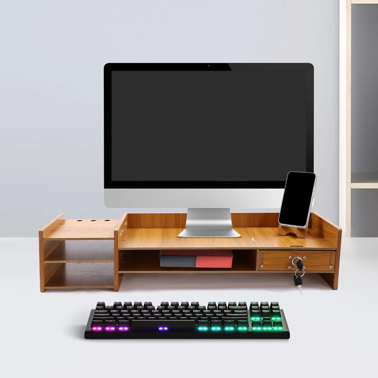 Computer Monitor Support with Storage Drawer, Wooden Desk Organizer, 2-level Rack with Lock and Cell Phone Support for Study, Office