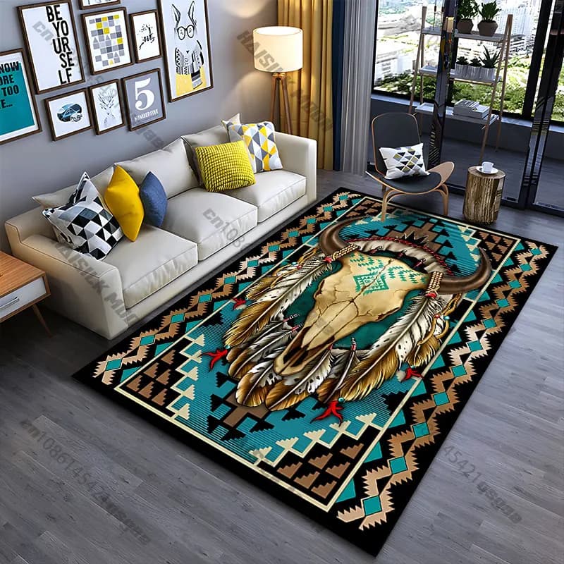 Cultural symbolism feathers skull carpet Yoga living room room decor children's crawling mat doormat area rug games mat