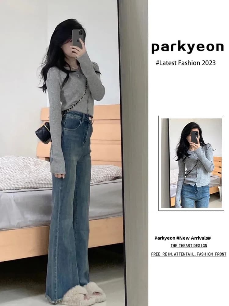 Blue High Waist Bell Bottom Jeans Women's Spring Autumn New Style Small Size American Retro Straight Leg Floor Length Pants