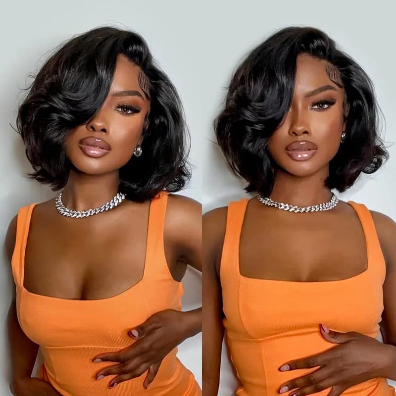 250% Density Human Hair Body Wave Short Bob Glueless Wigs For Summer 13x6 Invisible HD Lace Front Wigs Pre Plucked Pre Bleached Unprocessed Black Body Wave HD Lace Wigs With Baby Hair Bouncy Body Wave Glueless Frontal Wigs