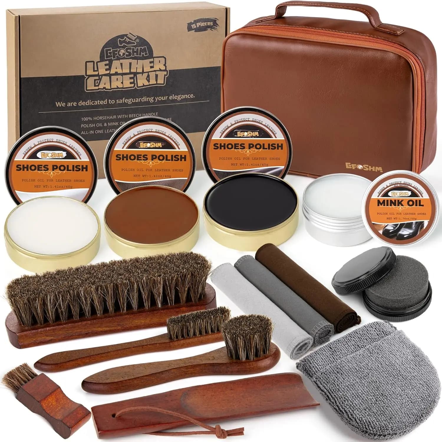 Kit per la cura delle scarpe – Set 15-in-1 per lucidatura e cura delle scarpe in pelle con 4 spazzole in crine di cavallo, Nero Marrone Neutro
