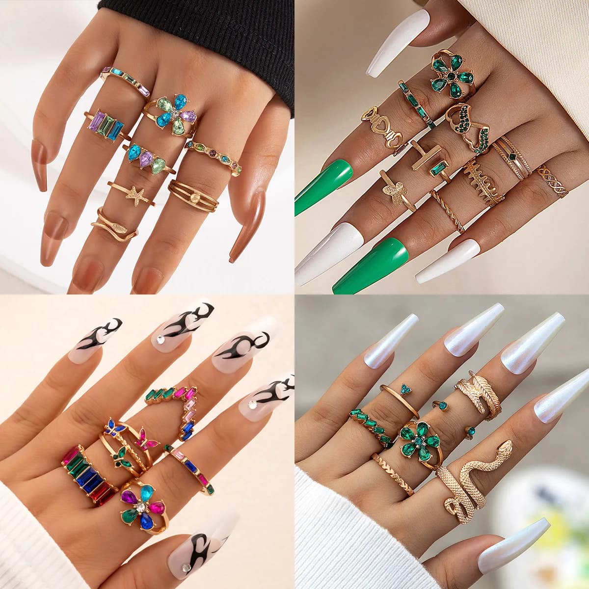 Light luxury OL colored diamond flower gemstone ring, geometric serpentine scallop eight-piece ring set