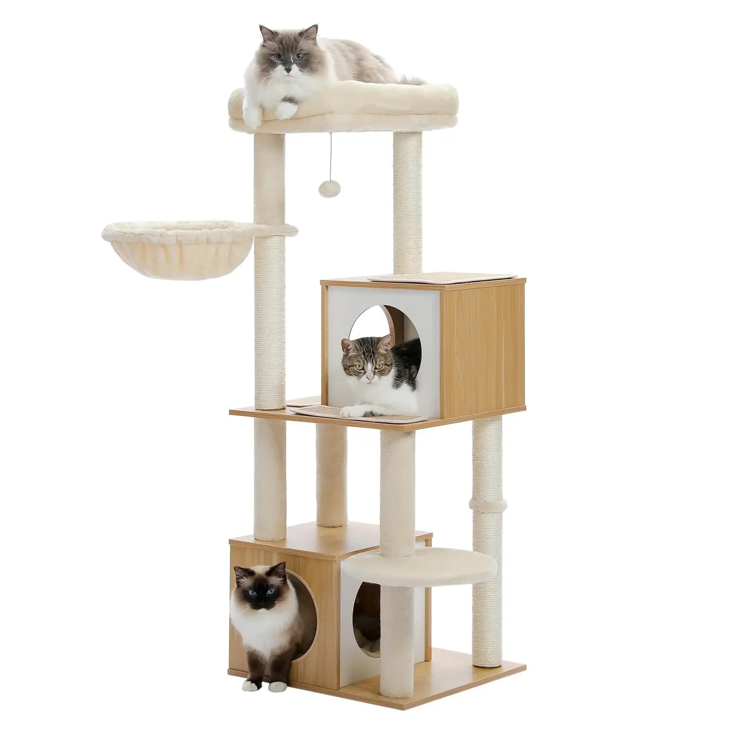Grande Albero per Gatti, Torre per Gatti in Legno da 51 Pollici con Doppio Confortevole Nido, Ampia Piattaforma, Amaca Morbida e Completamente Avvolgente, Personalizzabile