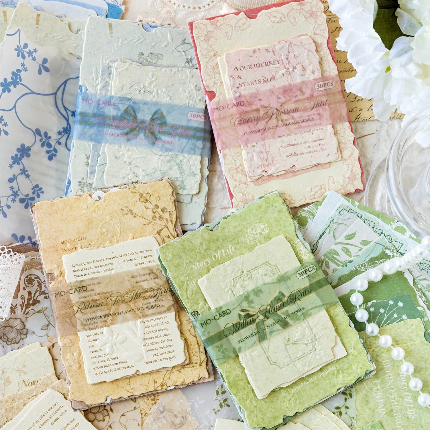 120Pcs {4 Styles × 30Pcs/Bag} Mixed Material Embossed Material Paper - Flower Language Series, Vintage Scrapbook Paper Notebook Scrapbook Supplies Set Aesthetic Decorative Craft Paper, Suitable for Planners, Bullet Journaling, Junk Journaling, Vintage Crafts