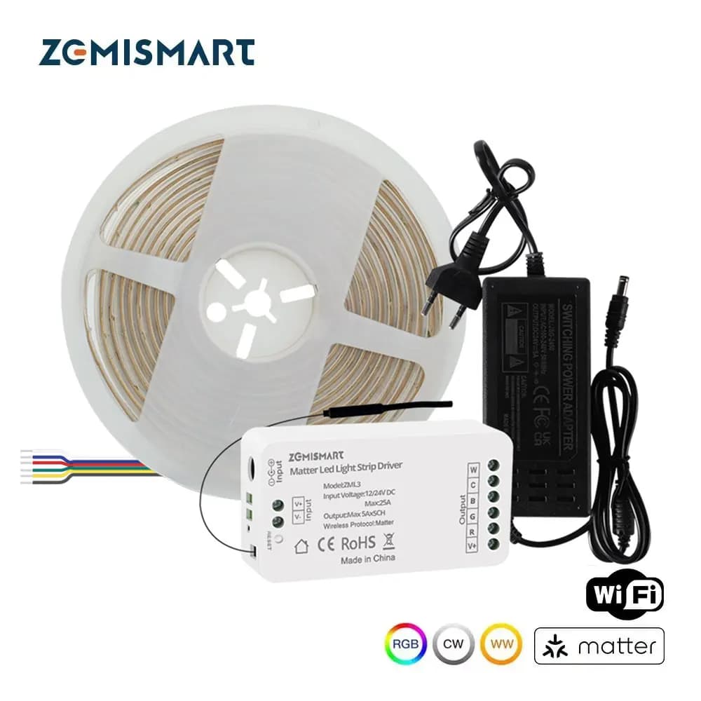 Zemismart COB Led Strip Light RGBCW IP65 con Matter WiFi Led Driver Supporto Alexa Google Home Smartthings Homekit App Control