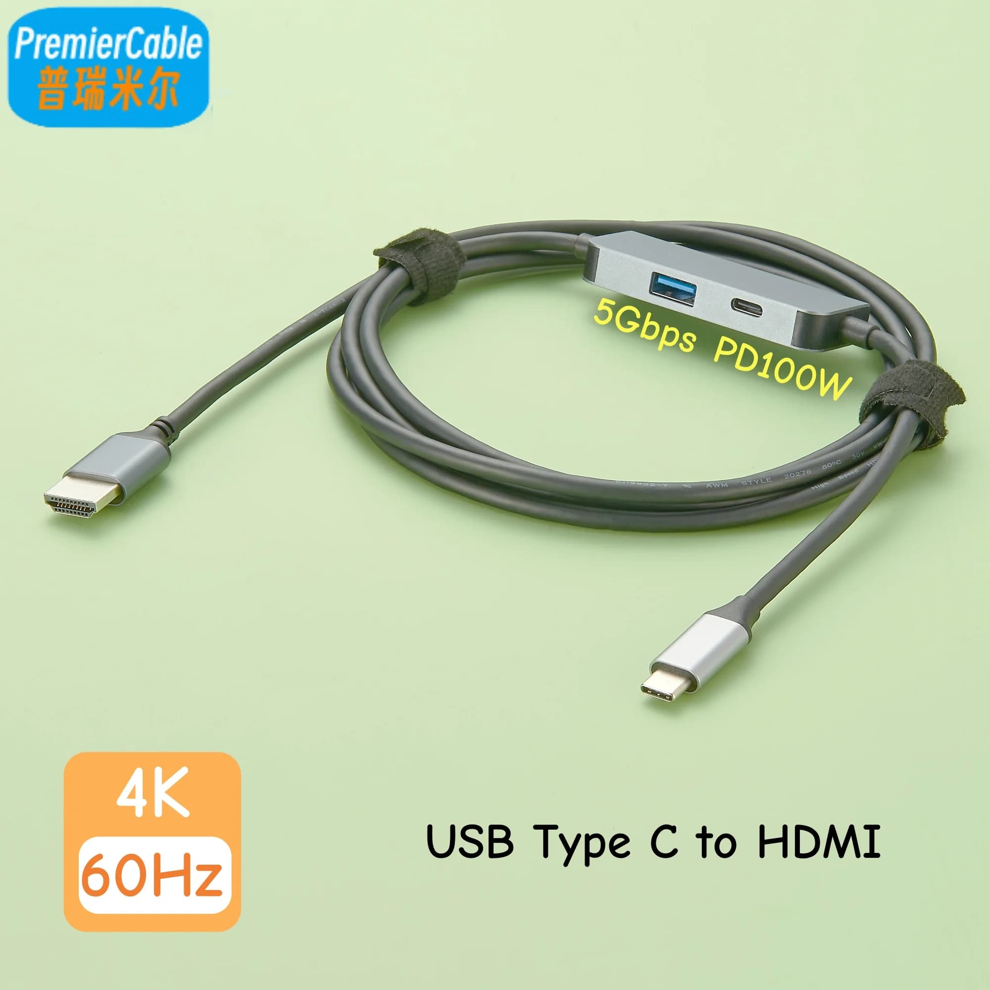 USB C converter cable to HDMI 4K@60Hz, USB C docking hub with HDMI adapter for laptop, monitor, projector, with PD100W power supply.