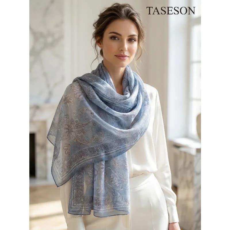 Sciarpa Leggera 100% Seta di Gelso per Donne, Sciarpa Rettangolare, Coprispalle, Foulard da Spiaggia, Confezione Regalo, Stampa Floreale Azzurra