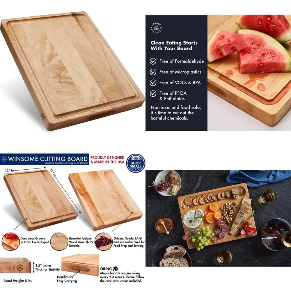 Tagliere da cucina grande e spesso in legno d'acero con scanalatura per succhi e scomparto per smistamento, fatto a mano negli Stati Uniti, tagliere per salumi