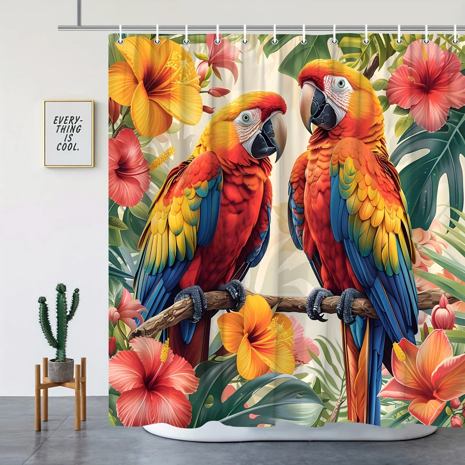 Tenda da doccia primaverile con motivo floreale e uccelli, fiori gialli vibranti, pappagalli e piume colorate, tessuto in poliestere resistente