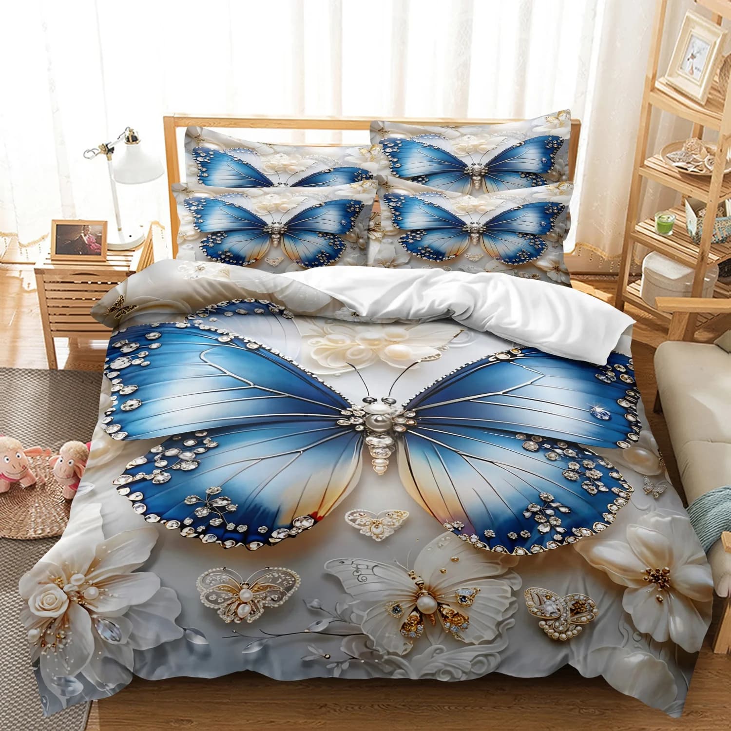 3pcs Premium Blue Butterfly Floral Print Duvet Cover, Nature Art Floral Printed Bedding, For Family Bedrooms Dormitories Hotels