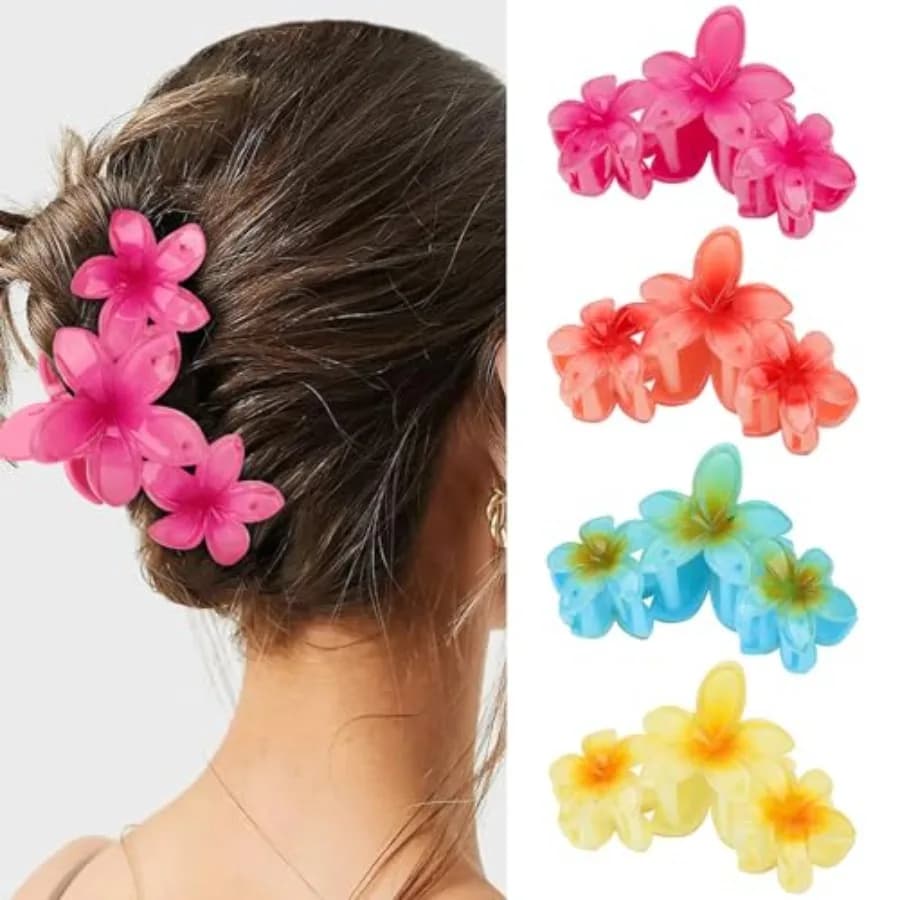 Flower Hair Claw Clips - 4PCS Glossy Hawaiian Clips for Thick and Thin Hair, Non-Slip Strong Hold Hair Accessories for Women an