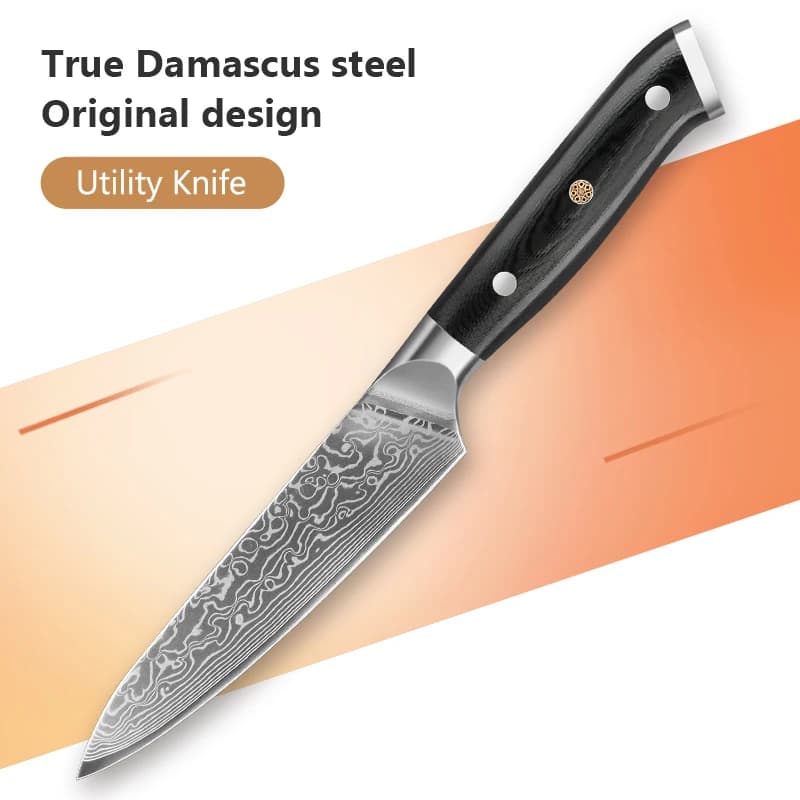 Multipurpose Kitchen Knife from 5 Damask Steel Cuffs, Chef Knife, Fruit and Vegetable Knife with G10 Handle