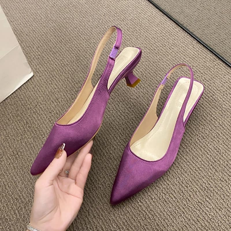 Summer New Women's Sandals heel women's shoes tip solid woman's wedding dress shoes back strap slip on slingback