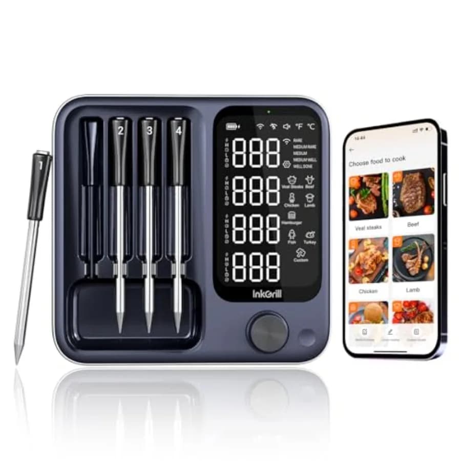 Termometro per Carne Wireless Intelligente a 4 Sonde con WiFi e Bluetooth, Termometro Digitale per Affumicatore, Forno, BBQ, Ricaricabile e Magnetico