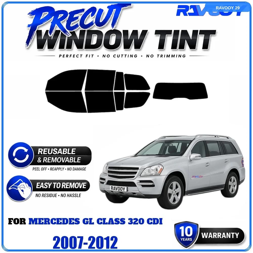 RAVOOY Precut Window Tint, Reusable Removable EPU Film, Custom Fit for Mercedes GL Class 320 CDI 2007-2012, UV Heat Protection