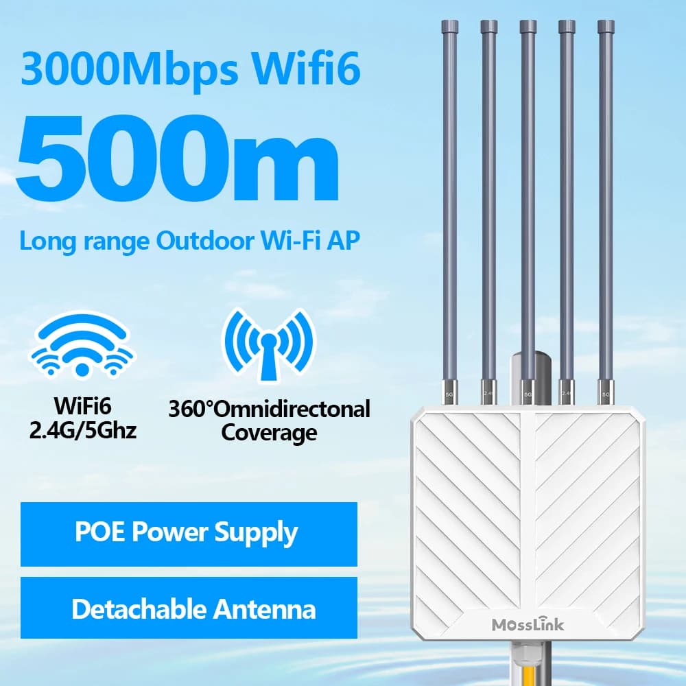Mosslink Access Point WiFi 6 Wireless da Esterno 3000Mbps, AP WiFi a Lungo Raggio con Dual Band, PoE, Impermeabile, Ripetitore WiFi
